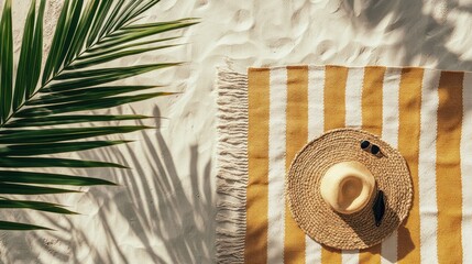 Beach Towel Hat Sunglasses Palm Leaves Sandy Scene