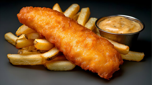 Crispy fish fillet, fries, sauce, dark background; menu image - Powered by Adobe