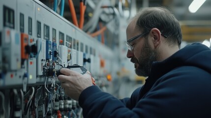 A focused individual inspects a complex industrial control panel using electronic tools, showcasing technical expertise and a high-stakes environment.