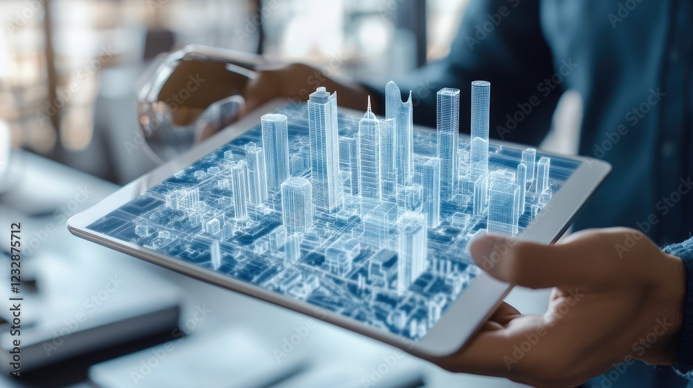 Poster digital cityscape model viewed on a tablet device