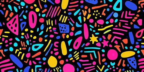Vibrant Abstract Pattern with Colorful Geometric Shapes and Lines on Black Background