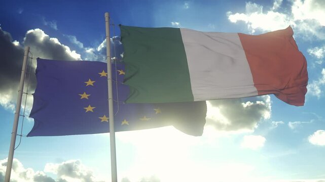 Ireland and European Union flags waving on the wind. Democracy and politics. European country