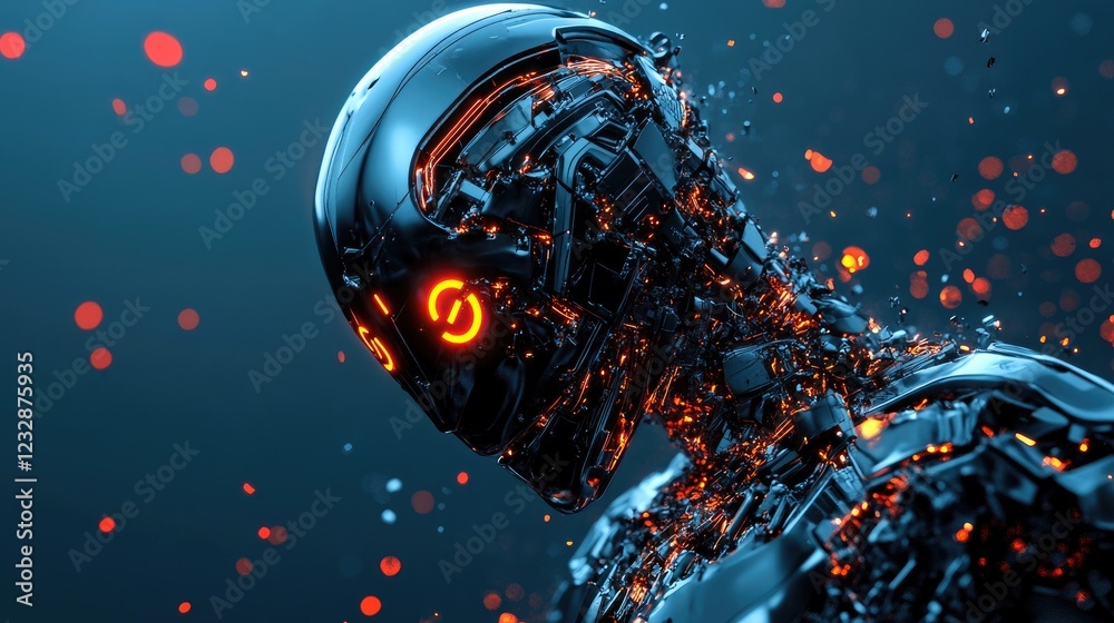 Poster disintegrating robot head glowing orange