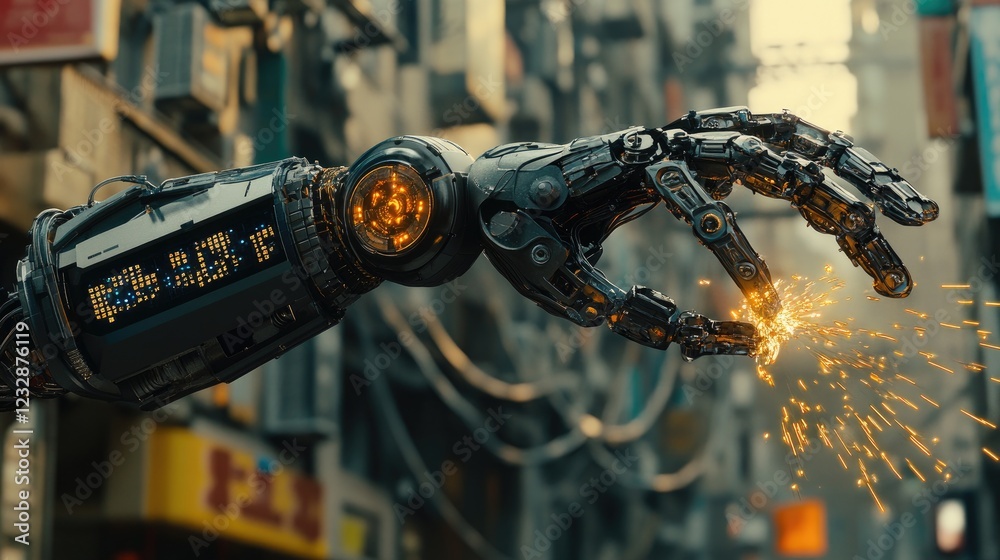 Poster robotic arm working in urban setting sparks flying