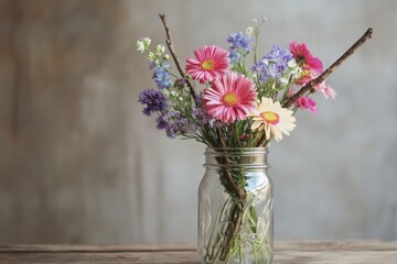 Fototapeta premium Colorful wildflowers arranged in a mason jar