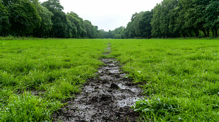 Obraz premium Muddy path through green park, trees background, nature walk