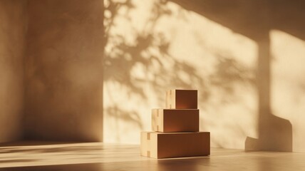 Boxes stacked in a sunlit room create a warm atmosphere showcasing natural light and shadows