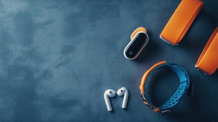 Fitness Tracker Earbuds And Smartwatch Bands On Dark Surface
