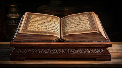Obraz premium Elegant Quran open on a wooden stand, softly illuminated, with intricate gold calligraphy 
