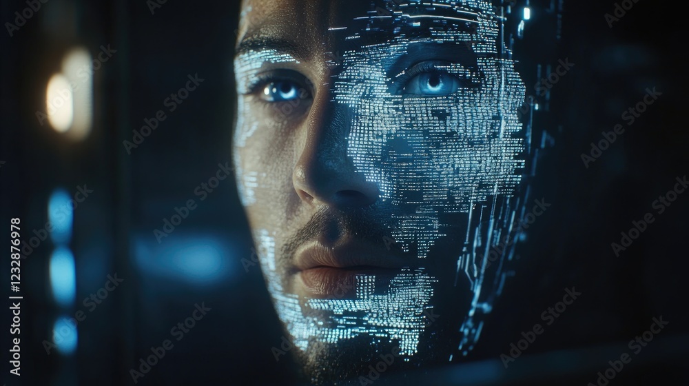 Poster digital code projected onto a mans face