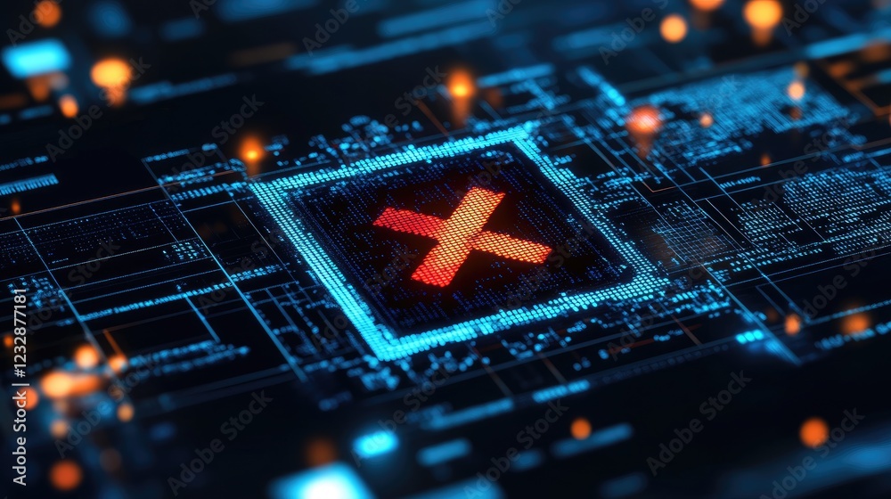 Poster Digital Error Red Cross Sign On Circuit Board