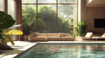 Fototapeta premium Sunny indoor pool area with sofa, lounge chairs, natural light, and greenery.