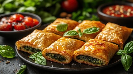 Savor delicious Greek spanakopita triangles with flaky pastry and fresh spinach filling