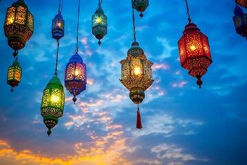 Obraz premium Lanterns and Ornaments Hanging in the Sky with a Crescent Moon