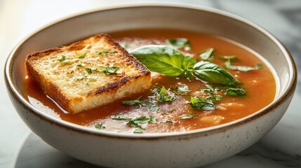 Homemade tomato soup served with fresh bread and basil on a sunny kitchen counter