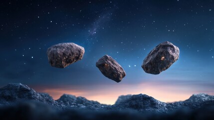 asteroids in space over a rocky planet surface