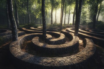 Stone Maze Winding Through A Sun Dappled Forest