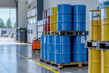 Colorful stacked barrels on pallets in a warehouse setting with hazardous material indication