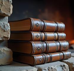 Antique Leather-Bound Books Stacked with Decorative Metal Accents on Stone Surface
