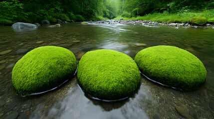 Mossy rocks in creek, forest background, nature scene, calm water, serene landscape