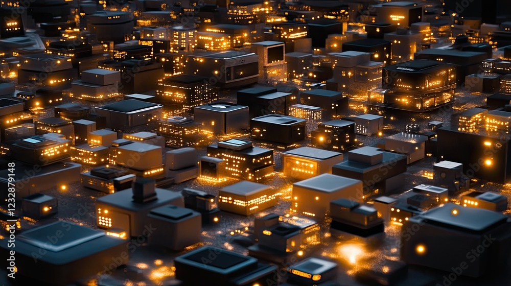 Poster illuminated cubic cityscape of technological components