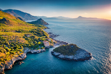 Fantastic summer view from flying drone of scenic spot - La Secca, Maratea Castrocucco location,...