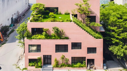 Pink building with terraced green roofs and plants.