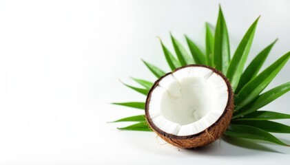 Sliced coconut with vibrant leaves, pure white backdrop, nature, green