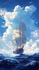 Obraz premium Sailing ship navigates the vibrant sea under a bright blue sky with fluffy clouds
