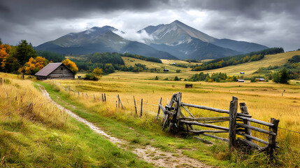 Autumn mountain landscape, rural road, rustic fence, farmhouses