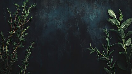 Aromatic Herbs Thyme Rosemary Sage Arranged on Dark Background