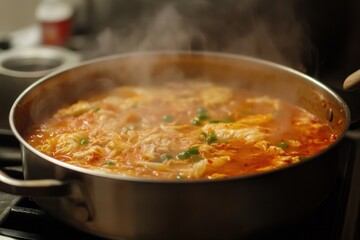 Steaming Kimchi Stew with Peas in a Pan