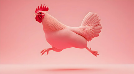 Obraz premium Pink rooster in mid-air, running pose against a pink background.