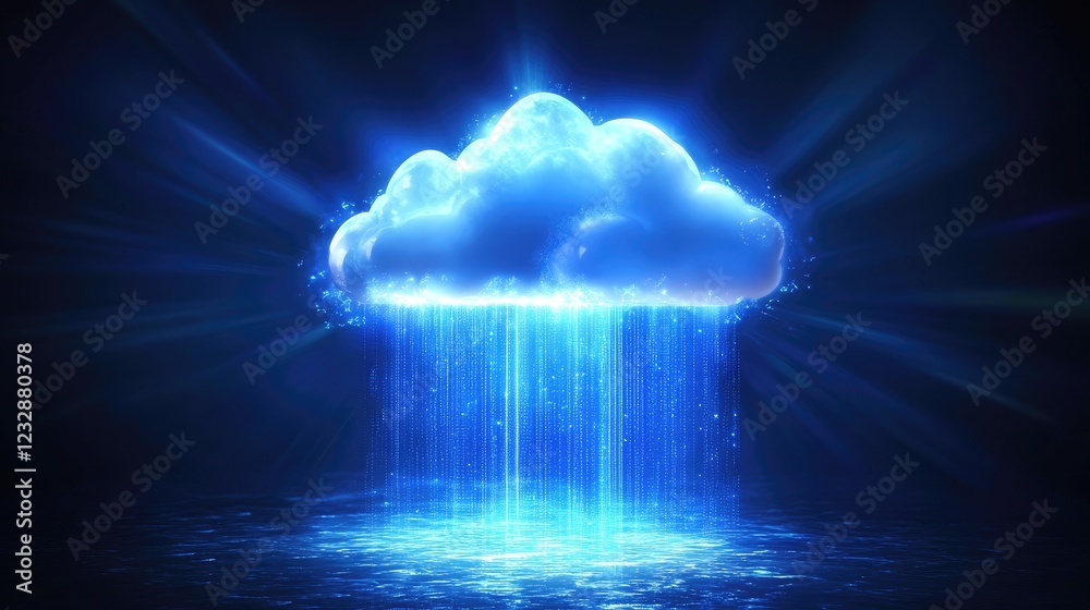 Poster luminous cloud data flowing downward into digital waters