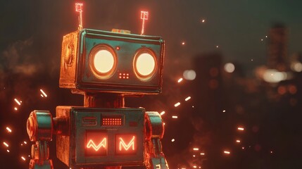 Retro Robot Standing In A City At Night