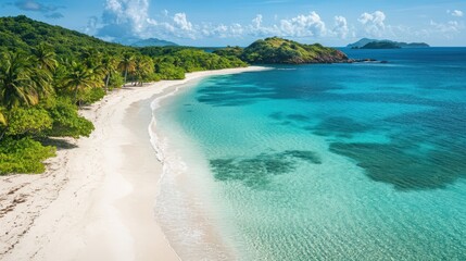 A beautiful beach with a clear blue ocean in the background