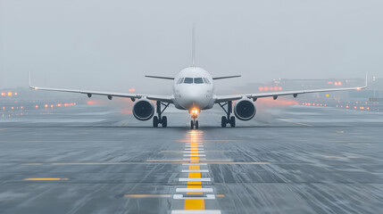 Airplane taxiing foggy runway airport departure