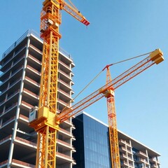 High-resolution commercial stock photo A large construction crane operates against a backdrop of a modern building under construction and a clear blue sky.  