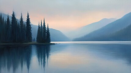 Fototapeta premium Serene Lakeside Vista With Coniferous Trees And Mountains