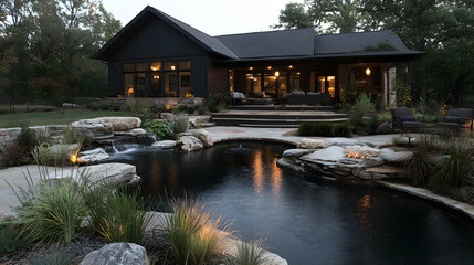 Obraz premium Modern black house with pool at dusk