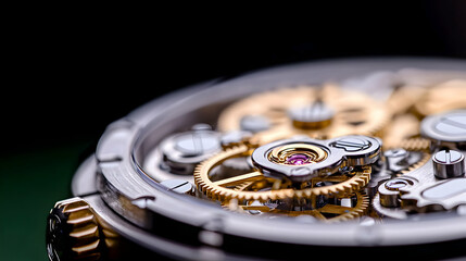 Close-up of intricate watch mechanism, gears, dark background, precision engineering, advertising