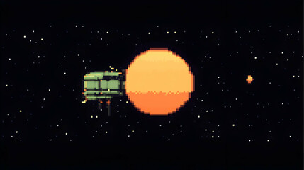 Pixel art spaceship orbiting a large orange planet in space.