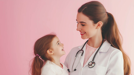portrait of white pediatrician doctor with cute smiling girl in white coat with stethoscope on neck and little girl 5-6 years old on light pink background, copyspace