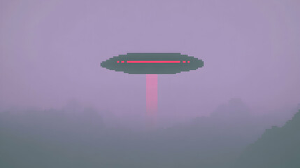 Naklejka premium Pixel art UFO hovering over misty landscape.