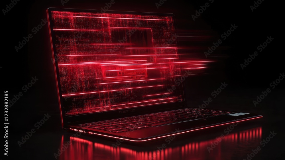 Poster Red Lit Laptop Displaying Data Stream