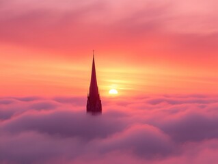 Fototapeta premium church steeple rising above a sea of clouds at sunset