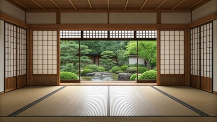 Obraz premium Exquisite Japanese Inspired Home With Serene Garden View Showcasing Traditional Architectural Elements. Generative AI