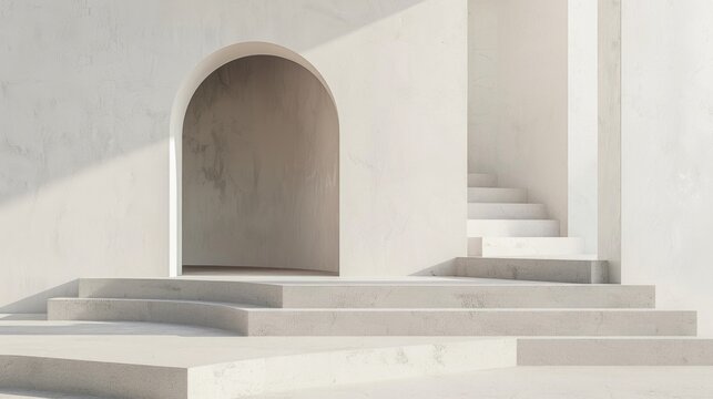 Minimal Architecture Design with steps, arch, podium, White Industrial background.