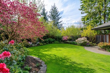 Obraz premium Vibrant garden filled with blooming trees and lush green grass in a sunny setting