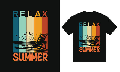 Relax Summer t-shirts design vector, Summer Vibes T Shirt Design Vector Sunset Beach Graphic for Hot Summer Apparel, Retro Sunset Summer T Shirt Design with Palm Trees and Ocean Waves Vector.